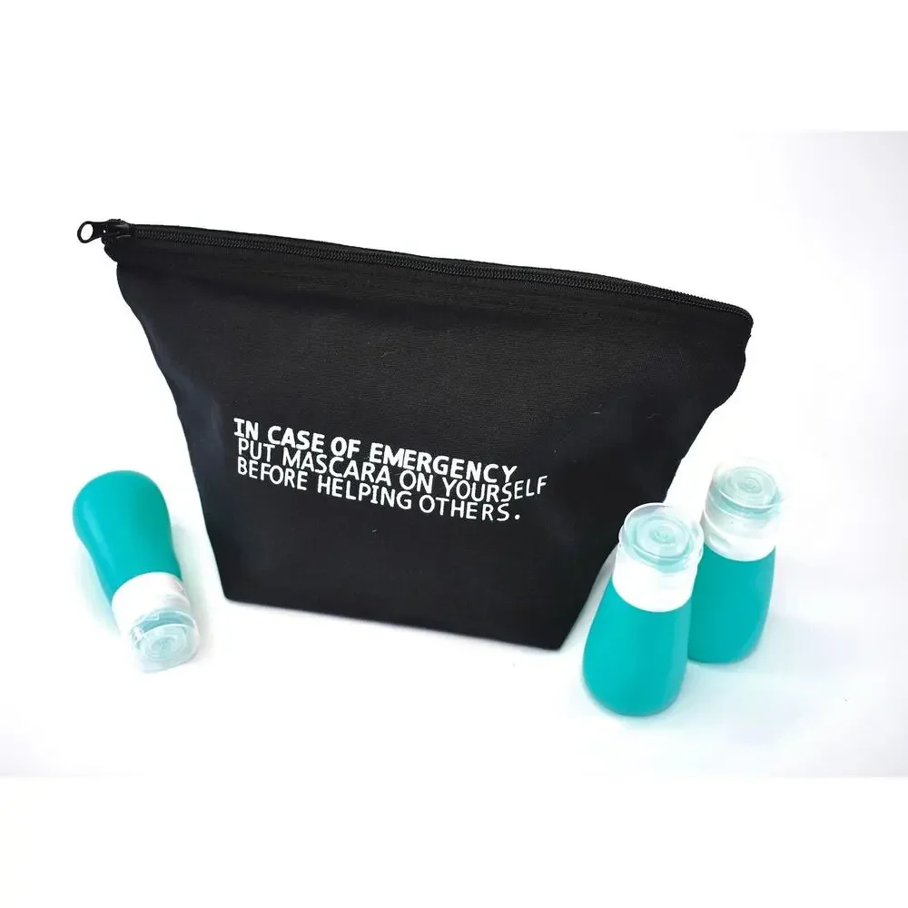 Chic Funny Makeup Bag Set Mascara Emergency w Travel Bottles Black Canvas NEW